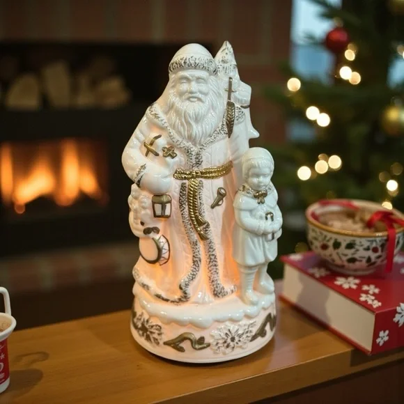 Vintage Light-Up Santa Claus with Child Christmas Figurine 9" Gold - Picture 2 of 7